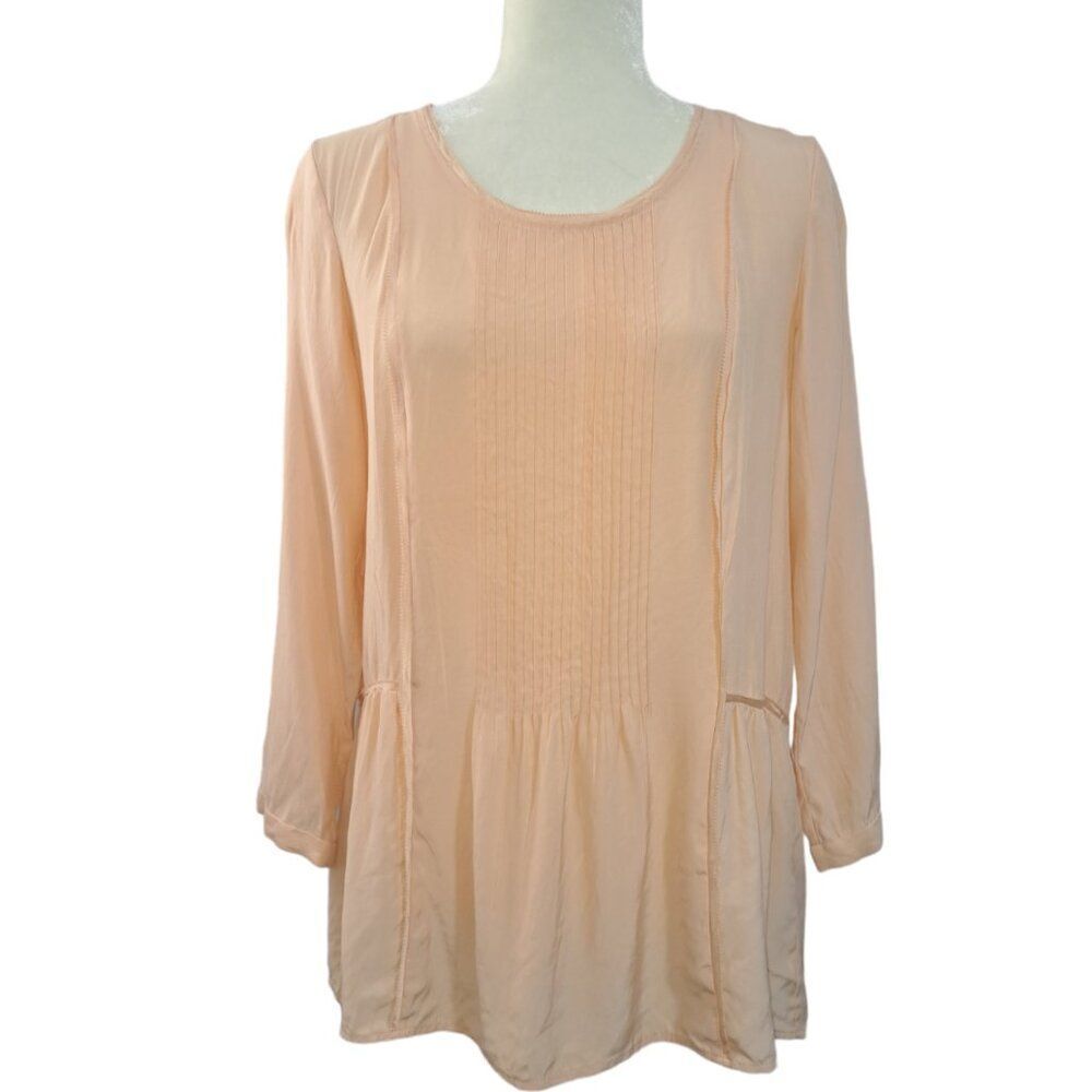 Madewell Women's 3/4 Sleeves Silk Pintuck Pullover Tunic Top Peach Size Medium